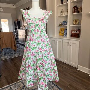 Hill House White Midi Dress with Pink Roses and Green Leaves